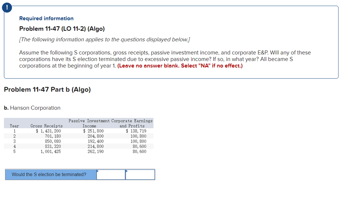 Required information
Problem 11-47 (LO 11-2) (Algo)
[The following information applies to the questions displayed below.]
Assume the following S corporations, gross receipts, passive investment income, and corporate E&P. Will any of these
corporations have its S election terminated due to excessive passive income? If so, in what year? All became S
corporations at the beginning of year 1. (Leave no answer blank. Select "NA" if no effect.)
Problem 11-47 Part b (Algo)
b. Hanson Corporation
Gross Receipts
$ 1, 431, 200
701, 180
850, 080
831, 320
1, 001, 425
Passive Investment Corporate Earnings
and Profits
$ 138, 719
100, 800
100, 800
80, 600
80, 600
Year
Income
$ 251, 800
204, 800
192, 400
214, 800
262, 190
1
2
3
4
Would the S election be terminated?
