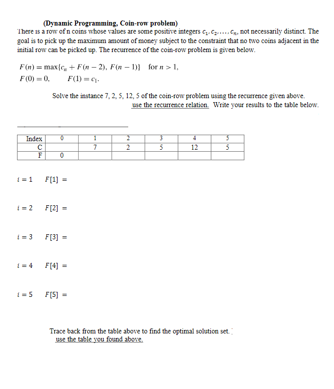 (Dynamic Programming, Coin-row problem)
There is a row of n coins whose values are some positive integers c,. c2,. Cn, not necessarily distinct. The
goal is to pick up the maximum amount of money subject to the constraint that no two coins adjacent in the
initial row can be picked up. The recurrence of the coin-row problem is given below.
F(n) = max{c, + F (n – 2), F(n – 1)} for n > 1,
F (0) = 0,
F(1) = c1.
Solve the instance 7, 2, 5, 12, 5 of the coin-row problem using the recurrence given above.
use the recurrence relation. Write your results to the table below.
Index
1
2
3
4
C
7
2
5
12
5
F
i = 1
F[1]
i = 2
F[2]
i = 3
F[3] =
i = 4
F[4] =
i = 5
F[5]
Trace back from the table above to find the optimal solution set.
use the table you found above.
