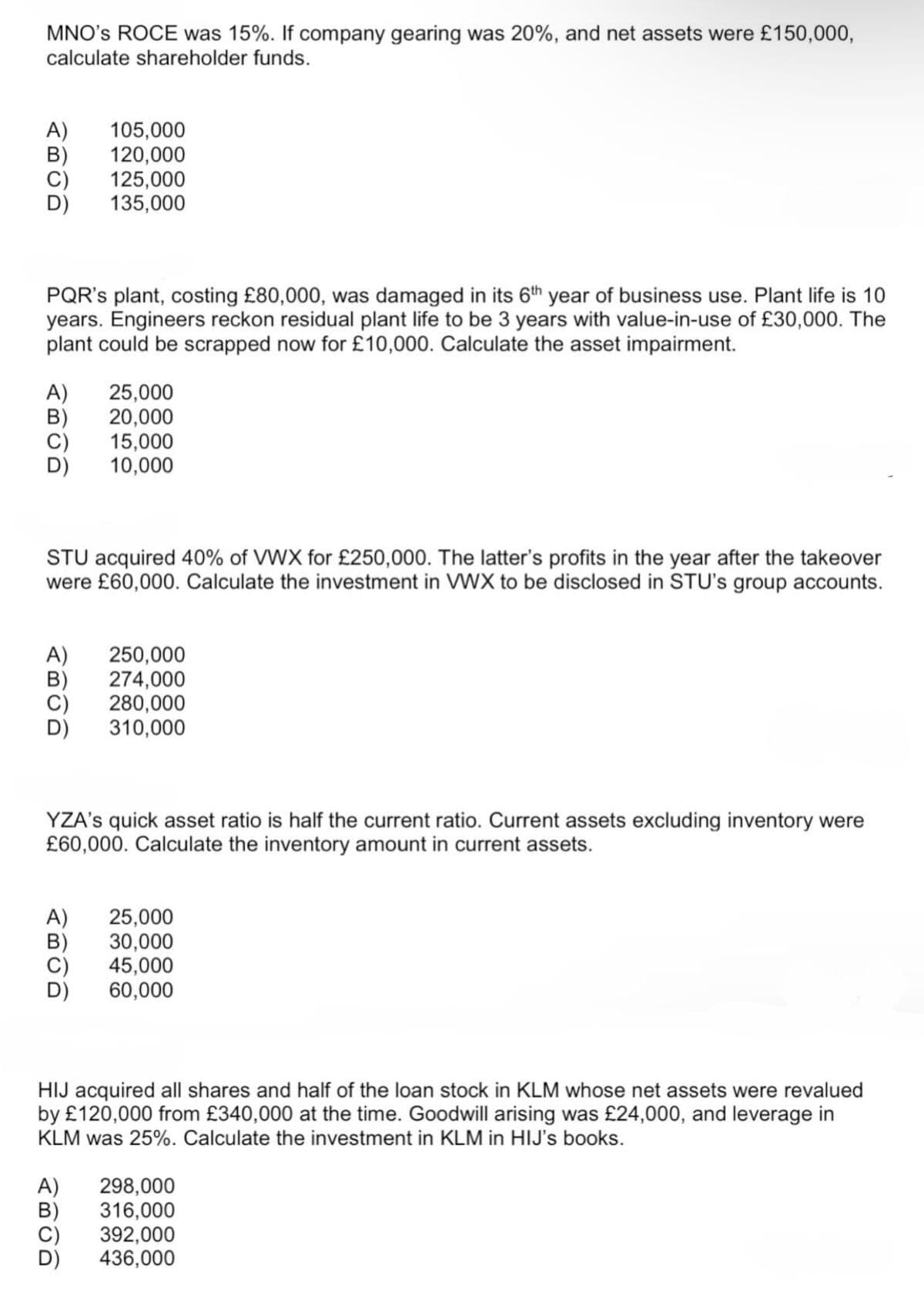 MNO'S ROCE was 15%. If company gearing was 20%, and net assets were £150,000,
calculate shareholder funds.
A) 105,000
120,000
125,000
135,000
PQR's plant, costing £80,000, was damaged in its 6th year of business use. Plant life is 10
years. Engineers reckon residual plant life to be 3 years with value-in-use of £30,000. The
plant could be scrapped now for £10,000. Calculate the asset impairment.
A) 25,000
B)
ABGD
20,000
C) 15,000
10,000
STU acquired 40% of VWX for £250,000. The latter's profits in the year after the takeover
were £60,000. Calculate the investment in VWX to be disclosed in STU's group accounts.
A) 250,000
ABOD
B) 274,000
C) 280,000
D) 310,000
YZA's quick asset ratio is half the current ratio. Current assets excluding inventory were
£60,000. Calculate the inventory amount in current assets.
A) 25,000
ABOD
B)
C)
30,000
45,000
60,000
HIJ acquired all shares and half of the loan stock in KLM whose net assets were revalued
by £120,000 from £340,000 at the time. Goodwill arising was £24,000, and leverage in
KLM was 25%. Calculate the investment in KLM in HIJ's books.
A)
B)
ABCD
298,000
316,000
392,000
436,000