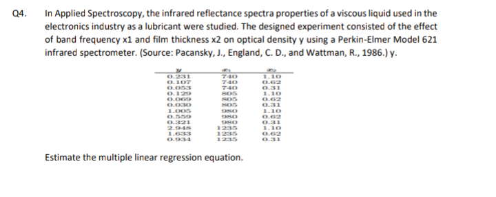 In Applied Spectroscopy, the infrared reflectance spectra properties of a viscous liquid used in the
electronics industry as a lubricant were studied. The designed experiment consisted of the effect
of band frequency x1 and film thickness x2 on optical density y using a Perkin-Elmer Model 621
infrared spectrometer. (Source: Pacansky, J., England, C. D., and Wattman, R., 1986.) y.
Q4.
40
0.231
0.107
0.053
0.129
1.10
0.62
0.31
1.10
S05
S05
Sos
980
980
0.62
0.31
1.10
0.62
0.069
0.030
1.005
0.559
0.321
2.948
1.633
0.934
980
0.31
1.10
0.62
0.31
1235
1235
1235
Estimate the multiple linear regression equation.
