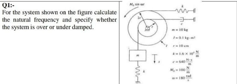 Q1:-
For the system shown on the figure calculate
the natural frequency and specify whether
the system is over or under damped.
M sin or
m= 10 kg
1-0.1 kg-m
r- 10 cm
*= 1.6 x 10
e640
N
M= 100
rad
180
