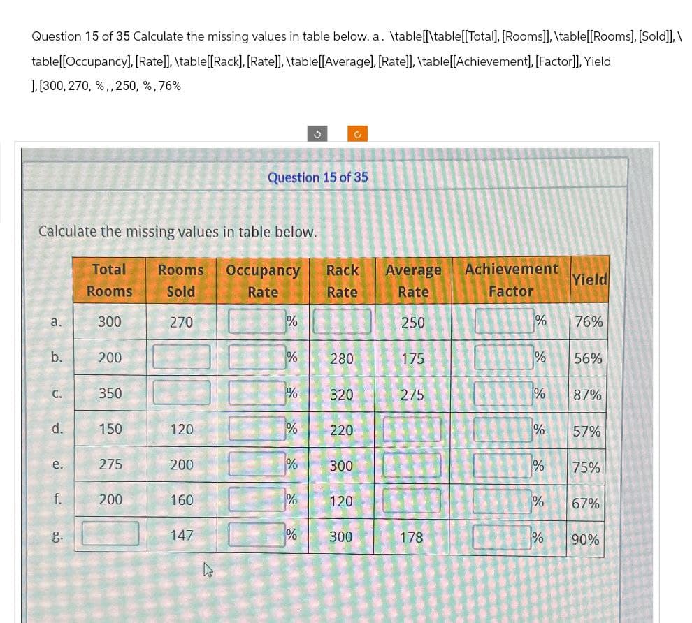 Question 15 of 35 Calculate the missing values in table below. a. \table[[\table[[Total], [Rooms]], \table[[Rooms], [Sold]],\
table[[Occupancy], [Rate]], \table[[Rack], [Rate]], \table[[Average], [Rate]], \table[[Achievement], [Factor]], Yield
], [300, 270, %,, 250, %,76%
C
C
Question 15 of 35
Calculate the missing values in table below.
Total
Rooms
Occupancy
Rack Average
Achievement
Yield
Rooms
Sold
Rate
Rate
Rate
Factor
a.
300
270
%
250
%
76%
b.
200
%
280
175
%
56%
C.
350
%
320
275
%
87%
d.
150
120
%
220
10
%
57%
e.
275
200
%
300
%
75%
f.
200
160
%
120
%
67%
g.
147
%
300
178
%
90%