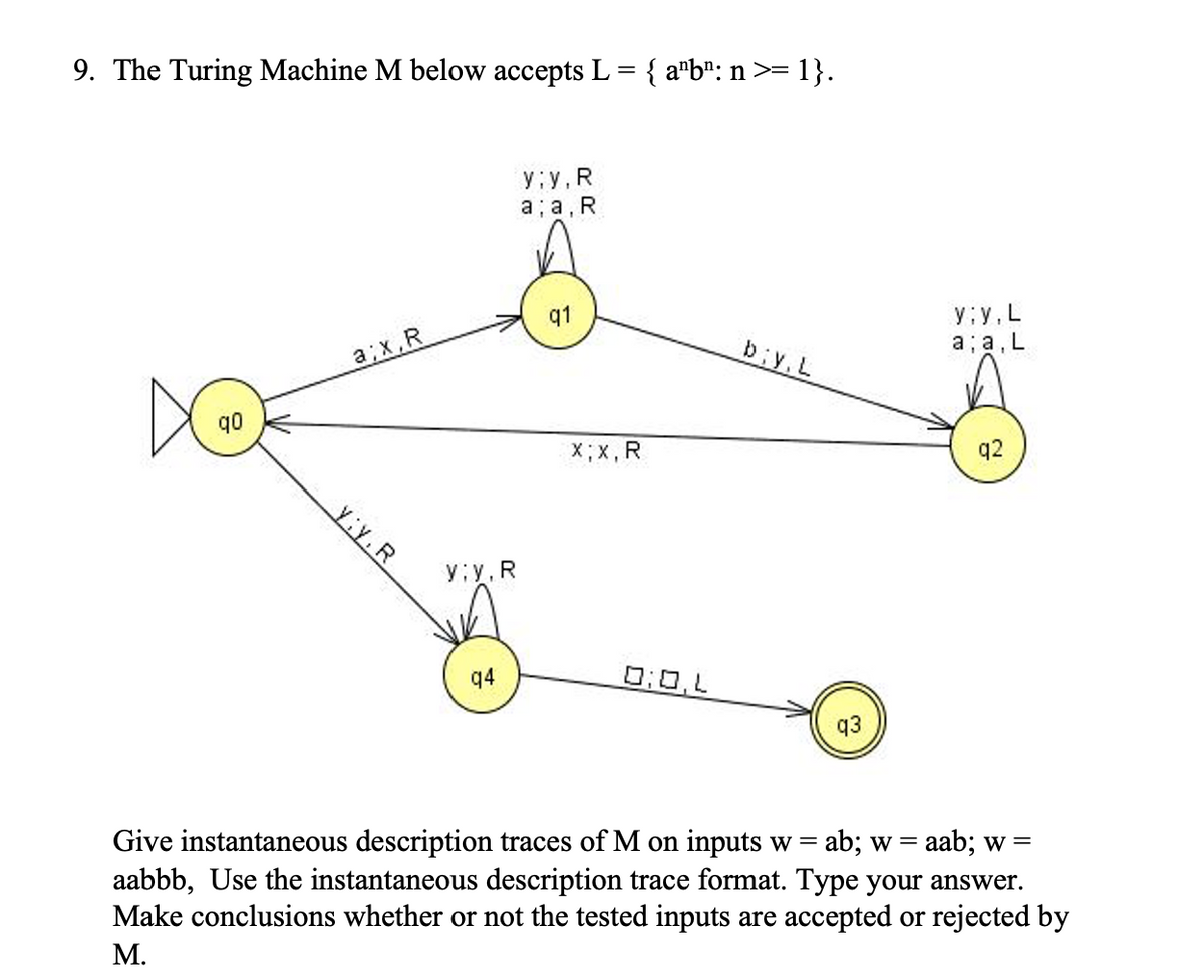 9. The Turing Machine M below accepts L = { a"b": n>= 1}.
y:y,R
а; а, R
y;y, L
a;a, L
q1
biy.L
a;x,R
q0
X;X, R
q2
Yiy.R
y; y,R
q4
0:0,L
q3
Give instantaneous description traces of M on inputs w = ab; w = aab; w =
aabbb, Use the instantaneous description trace format. Type your answer.
Make conclusions whether or not the tested inputs are accepted or rejected by
М.
%%3D
