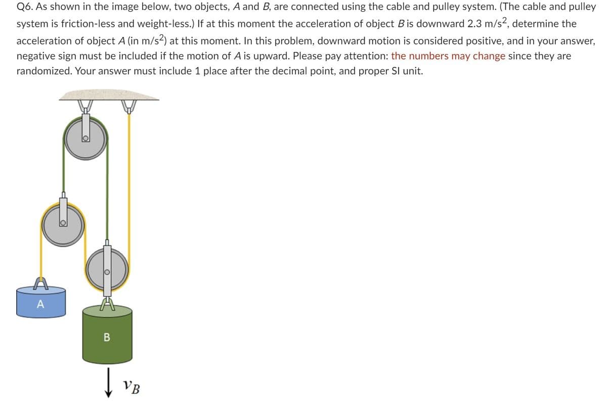 Q6. As shown in the image below, two objects, A and B, are connected using the cable and pulley system. (The cable and pulley
system is friction-less and weight-less.) If at this moment the acceleration of object Bis downward 2.3 m/s², determine the
acceleration of object A (in m/s²2) at this moment. In this problem, downward motion is considered positive, and in your answer,
negative sign must be included if the motion of A is upward. Please pay attention: the numbers may change since they are
randomized. Your answer must include 1 place after the decimal point, and proper SI unit.
A
B
VB