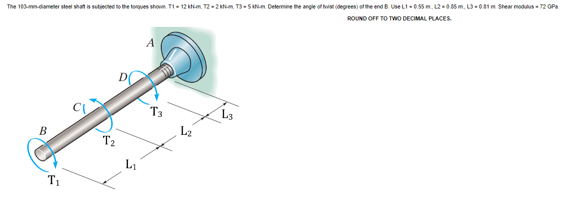 ROUND OFF TO TWO DECIMAL PLACES.
The 103-mm-diameter steel shaft is subjected to the torques shown. T1 = 12 kN-m, T2 = 2 kN-m, T3 = 5 kN-m. Determine the angle of twist (degrees) of the end B. Use L1 = 0.55 m., L2 = 0.85 m., L3 = 0.81 m. Shear modulus = 72 GPa.
A
D
T3
L3
L2
В
T2
L1
T1
