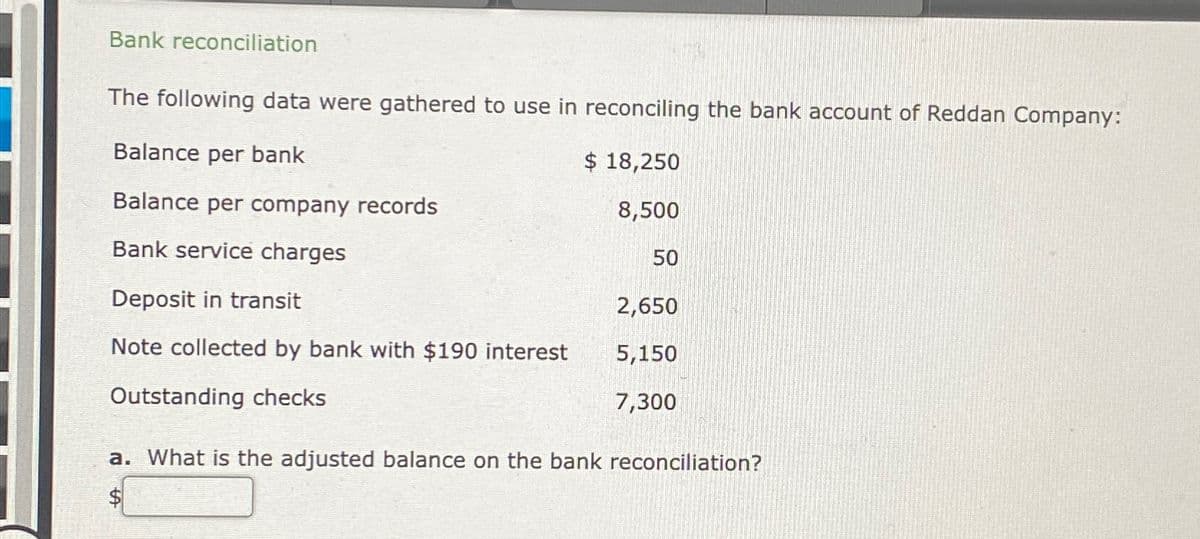 Bank reconciliation
The following data were gathered to use in reconciling the bank account of Reddan Company:
Balance per bank
$ 18,250
Balance per company records
8,500
Bank service charges
Deposit in transit
Note collected by bank with $190 interest
Outstanding checks
a. What is the adjusted balance on the bank reconciliation?
50
2,650
5,150
7,300