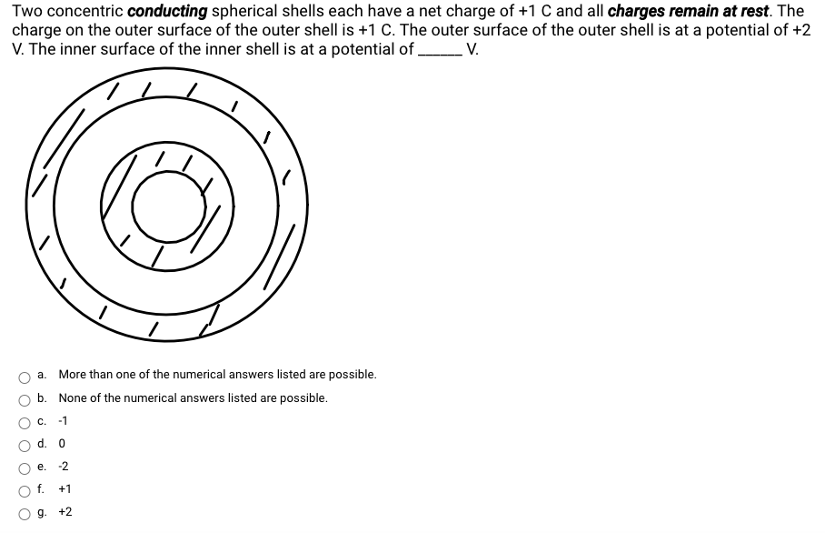 Two concentric conducting spherical shells each have a net charge of +1 C and all charges remain at rest. The
charge on the outer surface of the outer shell is +1 C. The outer surface of the outer shell is at a potential of +2
V. The inner surface of the inner shell is at a potential of ___________ V.
"
a. More than one of the numerical answers listed are possible.
b. None of the numerical answers listed are possible.
C. -1
d. 0
e. -2
f. +1
g. +2