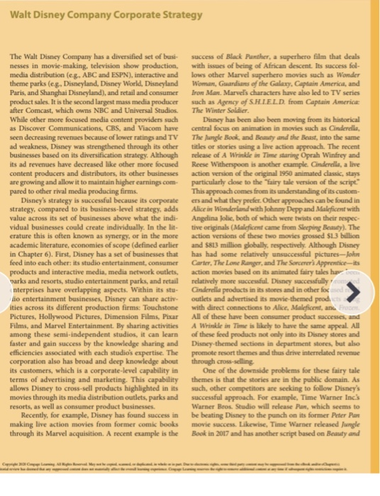 Walt Disney Company Corporate Strategy
The Walt Disney Company has a diversified set of busi-
nesses in movie-making, television show production,
media distribution (eg, ABC and ESPN), interactive and
theme parks (eg. Disneyland, Disney World, Disneyland
Paris, and Shanghai Disneyland), and retail and consumer
product sales. It is the second largest mass media producer
after Comcast, which owns NBC and Universal Studios.
success of Black Panther, a superhero film that deals
with issues of being of African descent. Its success fol-
lows other Marvel superhero movies such as Wonder
Woman, Guardians of the Galaxy, Captain America, and
Iron Man. Marvels characters have also led to TV series
such as Agency of S.H.LE.L.D. from Captain America
The Winter Soldier.
While other more focused media content providers such
as Discover Communications, CBS, and Viacom have
Disney has been also been moving from its historical
central focus on animation in movies such as Cinderella,
seen decreasing revenues because of lower ratings and TV
ad weakness, Disney was strengthened through its other
businesses based on its diversification strategy. Although
its ad revenues have decreased like other more focused
The Jungle Book, and Beauty and the Beast, into the same
titles or stories using a live action approach. The recent
release of A Wrinkle in Time staring Oprah Winfrey and
Reese Witherspoon is another example. Cinderella, a live
action version of the original 1950 animated classic, stays
particularly close to the "fairy tale version of the script"
This approach comes from its understanding of its custom-
ers and what they prefer. Other approaches can be found in
Alice in Wonderland with Johnny Depp and Maleficent with
Angdina Jolie, both of which were twists on their respec-
tive originals (Maleficent came from Sleeping Beauty). The
action versions of these two movies grossed $13 bllion
and $813 million globally, respectively. Although Disney
has had some relatively unsuccessful pictures-John
Carter, The Lone Ranger, and The Sorcerer's Apprentice-its
action movies based on its animated fairy tales hav bee
relatively more successful. Disney successfully
Cinderella products in its stores and in other foc sed r
outlets and advertised its movie-themed prodcts
with direct connections to Alice, Maleficent, an Frocen
All of these have been consumer product successes, and
A Wrinkle in Time is likely to have the same appeal. All
of these feed products not only into its Disney stores and
Disney-themed sections in department stores, but also
promote resort themes and thus drive interrelated revenue
through cross-selling
One of the downside problems for these fairy tale
themes is that the stories are in the public domain. As
such, other competitors are seeking to follow Disney's
successful approach. For example, Time Warner Inc'
Warner Bros. Studio will release Pan, which seems to
content producers and distributors, its other businesses
are growing and allow it to maintain higher earnings com-
pared to other rival media producing firms.
Disney's strategy is successful because its corporate
strategy, compared to its business-level strategy, adds
value across its set of businesses above what the indi-
vidual businesses could create individually. In the lit-
erature this is often known as synergy, or in the more
academic literature, economies of scope (defined earlier
in Chapter 6). First, Disney has a set of businesses that
feed into each other: its studio entertainment, consumer
products and interactive media, media network outlets,
parks and resorts, studio entertainment parks, and retail
nterprises have overlapping aspects. Within its stu-
lio entertainment businesses, Disney can share activ-
ities across its different production firms: Touchstone
Pictures, Hollywood Pictures, Dimension Films, Pixar
Films, and Marvel Entertainment. By sharing activities
among these semi-independent studios, it can learn
faster and gain success by the knowledge sharing and
efficiencies associated with each studio's expertise. The
corporation also has broad and deep knowledge about
its customers, which is a corporate-level capability in
terms of advertising and marketing. This capability
allows Disney to cross-sell products highlighted in its
movies through its media distribution outlets, parks and
resorts, as well as consumer product businesses.
Recently, for example, Disney has found success in
making live action movies from former comic books
through its Marvel acquisition. A recent example is the Book in 2017 and has another script based on Beauty and
be beating Disney to the punch on its former Peter Pan
movie success. Likewise, Time Warner released Jungle
C Cn lang M
