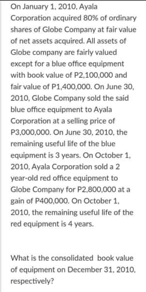 On January 1, 2010, Ayala
Corporation acquired 80% of ordinary
shares of Globe Company at fair value
of net assets acquired. All assets of
Globe company are fairly valued
except for a blue office equipment
with book value of P2,100,000 and
fair value of P1,400,000. On June 30,
2010, Globe Company sold the said
blue office equipment to Ayala
Corporation at a selling price of
P3,000,000. On June 30, 2010, the
remaining useful life of the blue
equipment is 3 years. On October 1,
2010, Ayala Corporation sold a 2
year-old red office equipment to
Globe Company for P2,800,000 at a
gain of P400,000. On October 1,
2010, the remaining useful life of the
red equipment is 4 years.
What is the consolidated book value
of equipment on December 31, 2010,
respectively?
