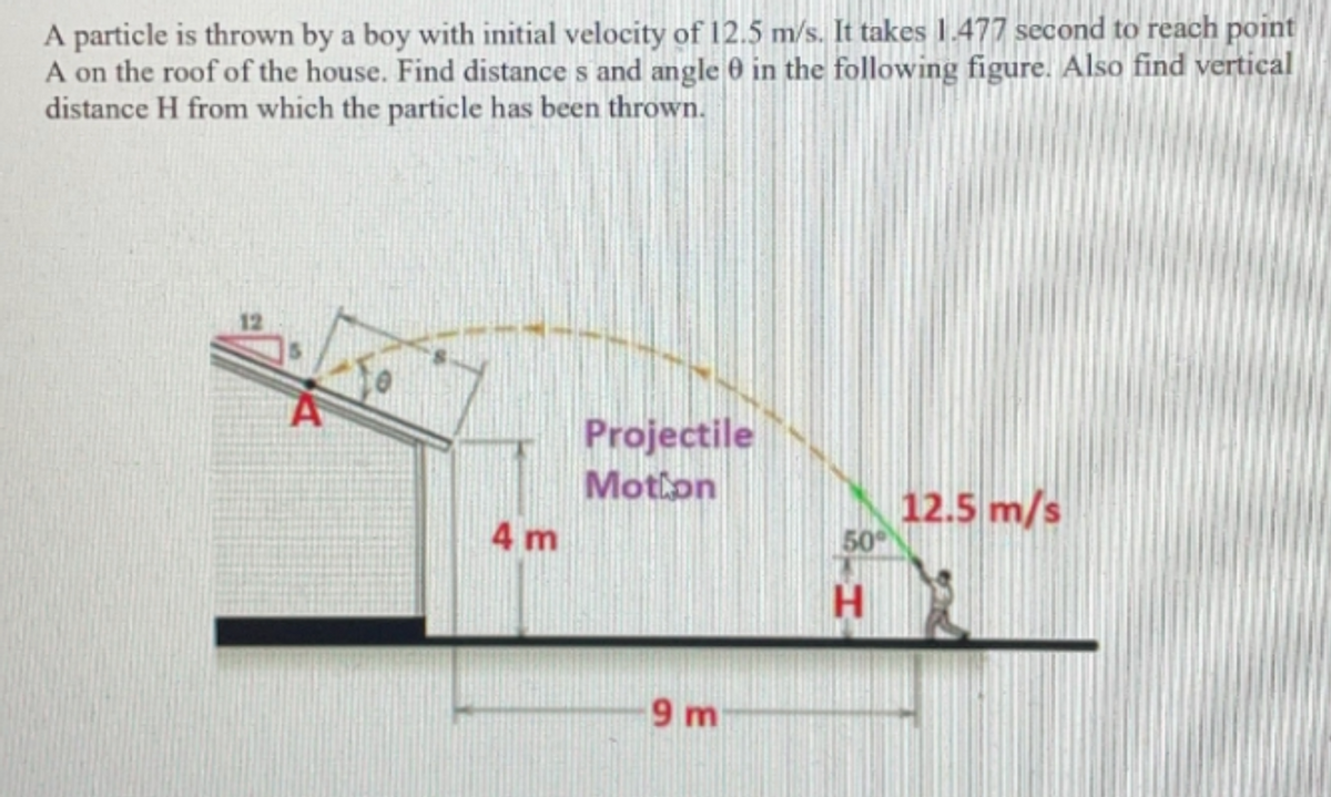 A particle is thrown by a boy with initial velocity of 12.5 m/s. It takes 1.477 second to reach point
A on the roof of the house. Find distance s and angle 0 in the following figure. Also find vertical
distance H from which the particle has been thrown.
Projectile
Motion
12.5 m/s
50
4 m
H.
9 m
