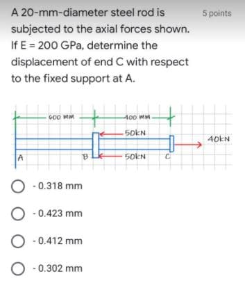 A 20-mm-diameter steel rod is
5 points
subjected to the axial forces shown.
If E = 200 GPa, determine the
displacement of end C with respect
to the fixed support at A.
GOO MM
400 Mm
50KN
40KN
A
50KN
O - 0.318 mm
O - 0.423 mm
O - 0.412 mm
O - 0.302 mm
