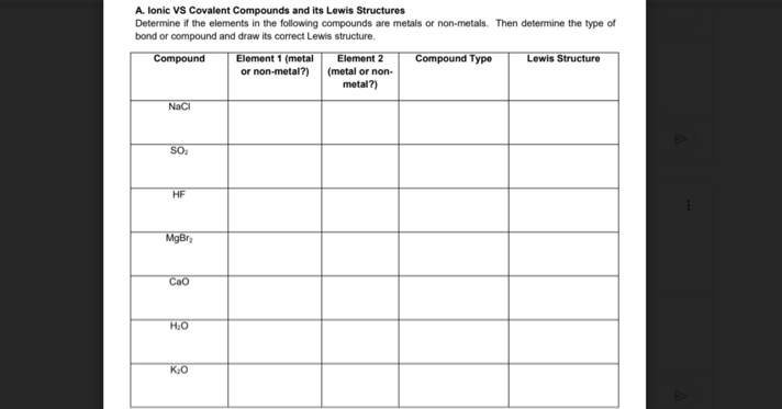 A. lonic VS Covalent Compounds and its Lewis Structures
Determine if the elements in the following compounds are metals or non-metals. Then determine the type of
bond or compound and draw its correct Lewis structure.
Compound
Compound Type
Element 1 (metal
or non-metal?)
Element 2
(metal or non-
metal?)
Lewis Structure
Nači
SO.
HF
MgBra
Сао
KO
