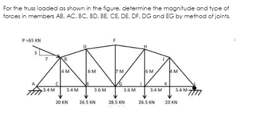 For the truss loaded as shown in the figure, determine the magnitude and type of
forces in members AB, AC, BC, BD, BE, CE, DE, DF, DG and EG by method of joints.
P=65 KN
4M
6M
7 M
6 M
G
3.4 M
3.4 M
3.6 M
3.6 M
3.4 M
3.4 M
20 KN
26.5 KN
28.5 KN
26.5 KN
20 KN
