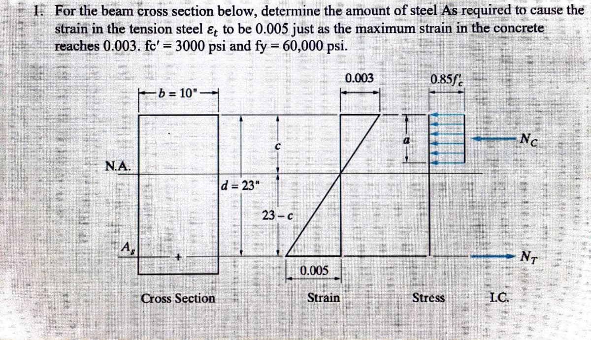 hinz
1. For the beam cross section below, determine the amount of steel As required to cause the
strain in the tension steel & to be 0.005 just as the maximum strain in the concrete
reaches 0.003. fc' = 3000 psi and fy = 60,000 psi.
N.A.
b= 10"-
Cross Section
d = 23"
[7422 4233 134
S
THE
THE
CALE DES
2
23-c
me
Like phans
0.005
PANE
Strain
0.003
P
HOME
st
0.85f
Stress
6
I.C.
Nc
NT
*
*
*
*
*
Delorme