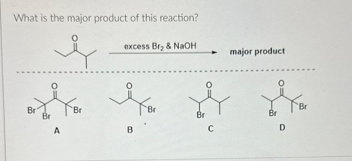 What is the major product of this reaction?
i
excess Br₂ & NaOH
Br
Br
A
Br
B
Br
Br
C
major product
Br
Br
D