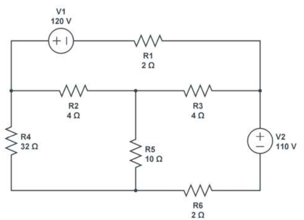 V1
120 V
R1
20
R2
R3
+ v2
110 V
R4
32 0
R5
10Ω
R6
20
