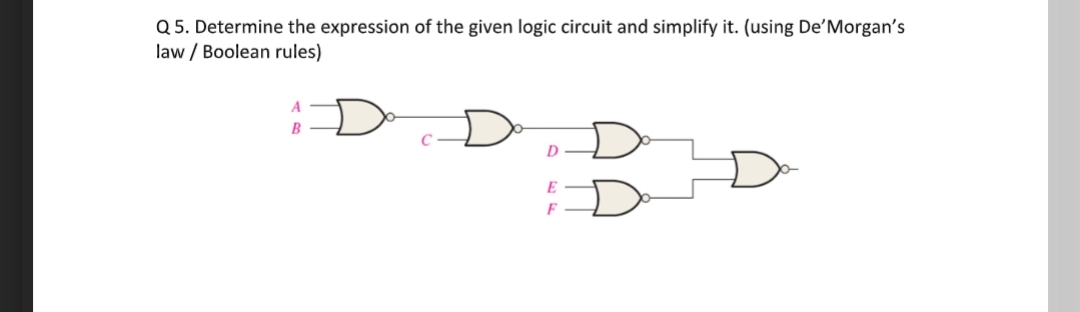 Q 5. Determine the expression of the given logic circuit and simplify it. (using De'Morgan's
law / Boolean rules)
E
