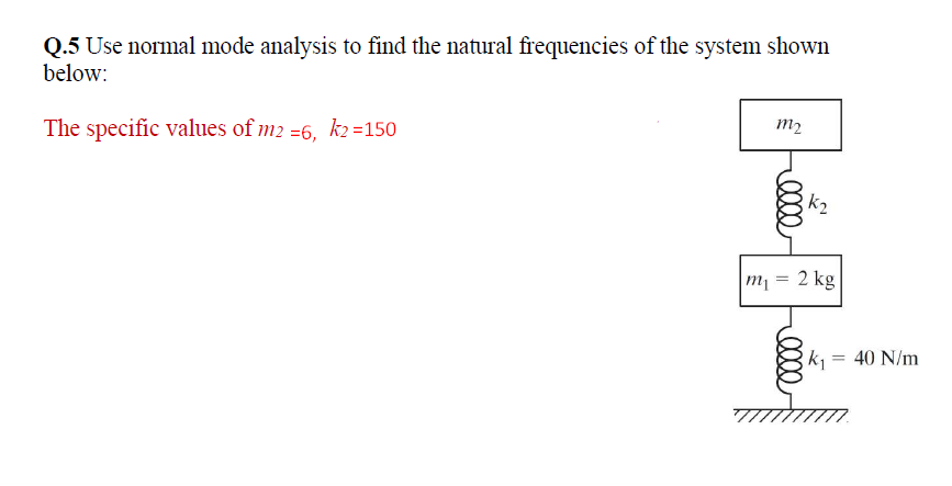 Q.5 Use normal mode analysis to find the natural frequencies of the system shown
below:
The specific values of m2 =6, k2 =150
m2
k2
m = 2 kg
%3D
k = 40 N/m
