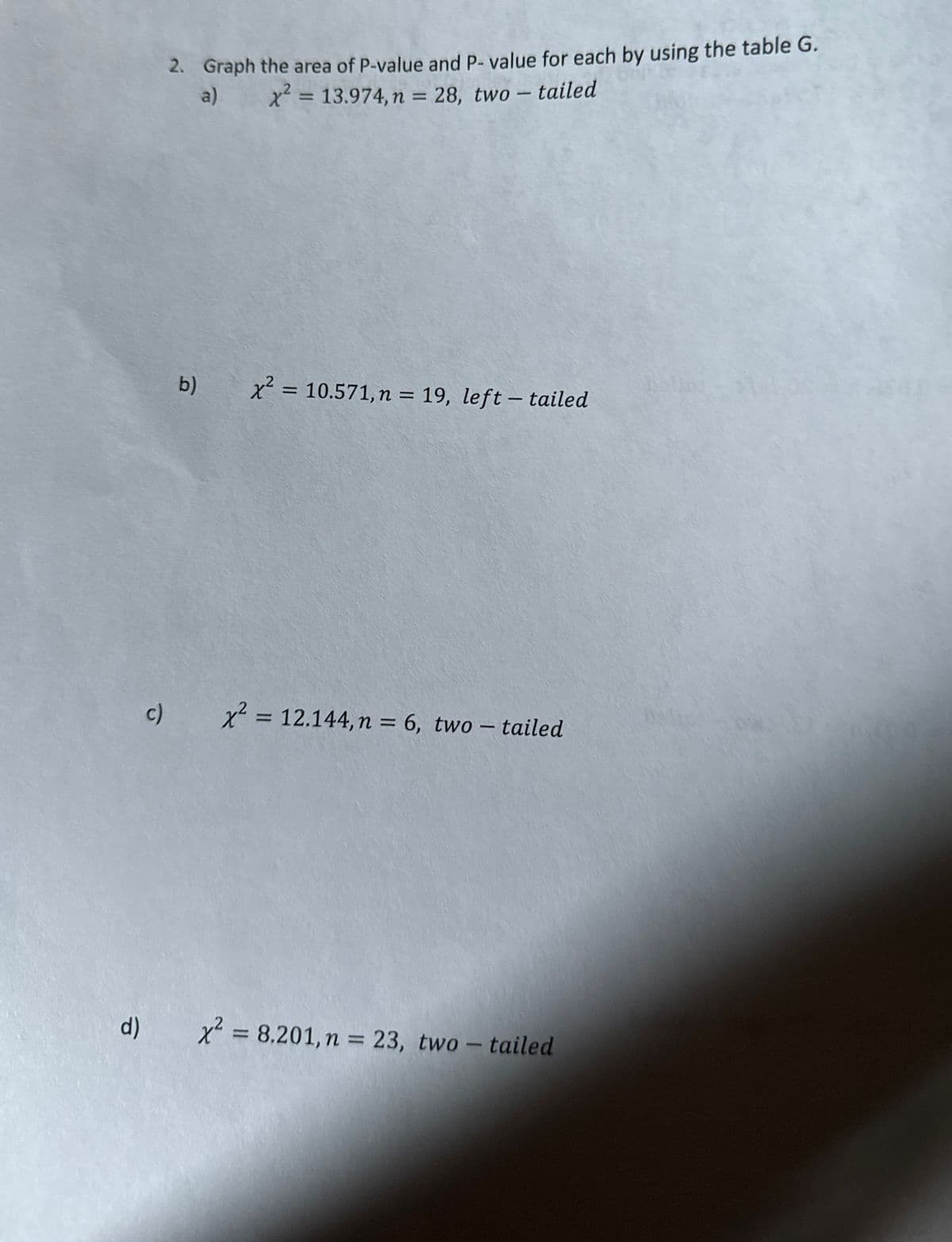 2. Graph the area of P-value and P-value for each by using the table G.
x² = 13.974, n = 28, two-tailed
a)
b)
x² = 10.571, n = 19, left-tailed
c)
x² = 12.144, n = 6, two-tailed
d)
x² = 8.201, n = 23, two-tailed