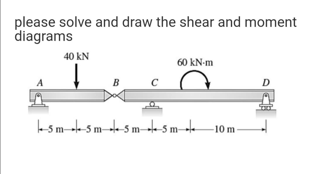 please solve and draw the shear and moment
diagrams
40 kN
60 kN-m
A
B
C
D
k-sm-k-5 m-k-5 m–tes m
-10 m
