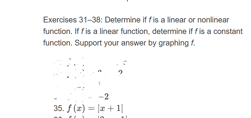 Exercises 31–38: Determine if f is a linear or nonlinear
function. If f is a linear function, determine if f is a constant
function. Support your answer by graphing f.
-2
35. f (x) = |x + 1|
