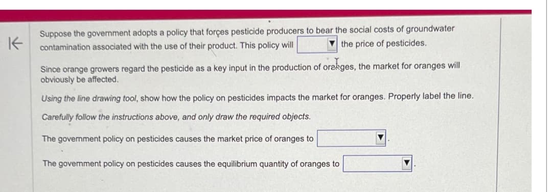 K
Suppose the government adopts a policy that forces pesticide producers to bear the social costs of groundwater
contamination associated with the use of their product. This policy will
the price of pesticides.
Since orange growers regard the pesticide as a key input in the production of oranges, the market for oranges will
obviously be affected.
Using the line drawing tool, show how the policy on pesticides impacts the market for oranges. Properly label the line.
Carefully follow the instructions above, and only draw the required objects.
The government policy on pesticides causes the market price of oranges to
The government policy on pesticides causes the equilibrium quantity of oranges to