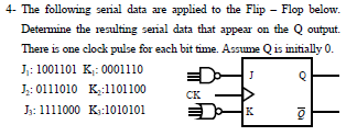 4- The following serial data are applied to the Flip - Flop below.
Determine the resulting serial data that appear on the Q output.
There is one clock pulse for each bit time. Assume Q is initially 0.
J;: 1001101 K: 0001110
=D
J
J;: 0111010 K:1101100
CK
J;: 1111000 K:1010101
14
