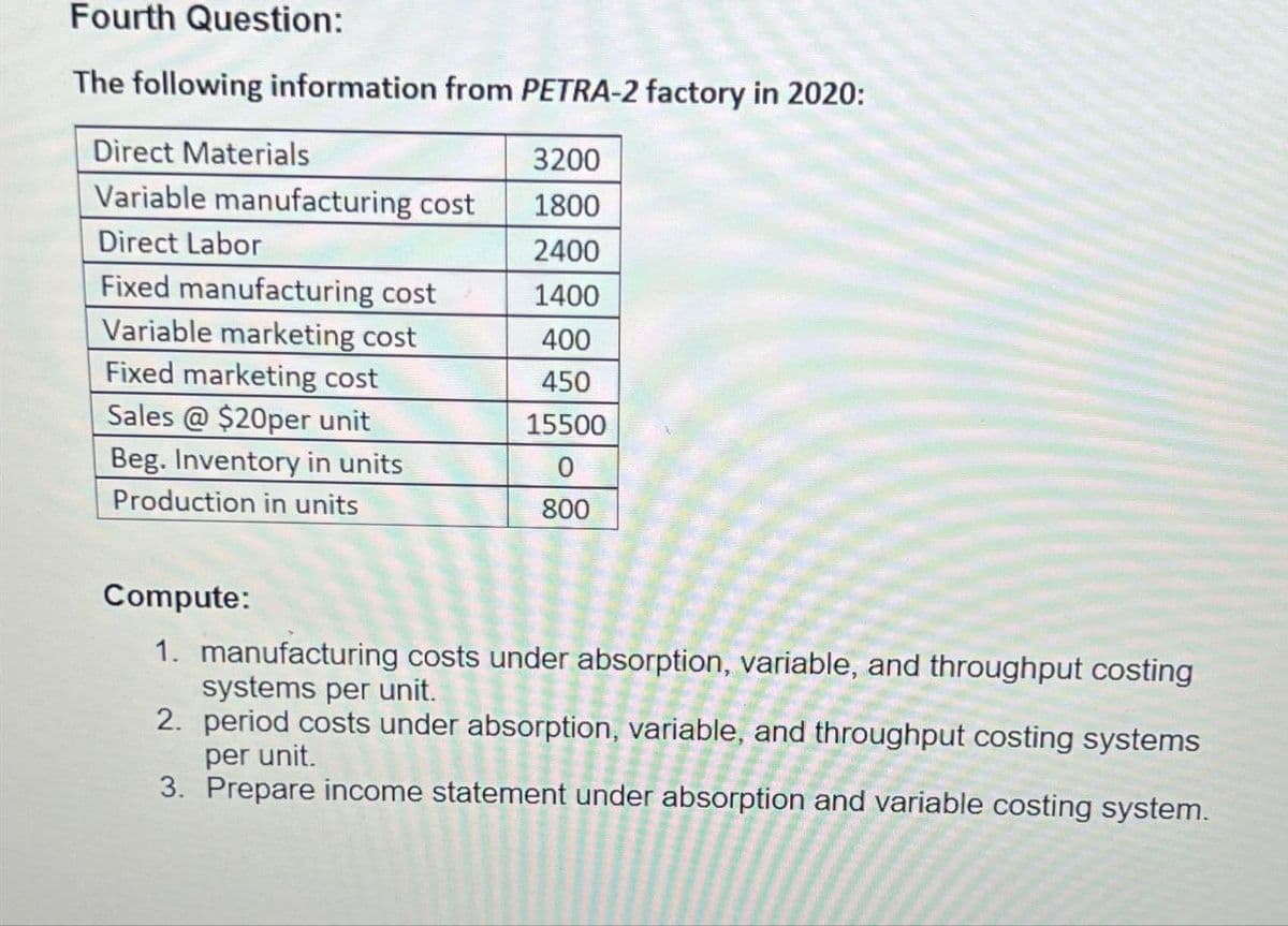 Fourth Question:
The following information from PETRA-2 factory in 2020:
3200
1800
2400
1400
400
450
Direct Materials
Variable manufacturing cost
Direct Labor
Fixed manufacturing cost
Variable marketing cost
Fixed marketing cost
Sales @ $20per unit
Beg. Inventory in units
Production in units
15500
0
800
Compute:
1. manufacturing costs under absorption, variable, and throughput costing
systems per unit.
2. period costs under absorption, variable, and throughput costing systems
per unit.
3. Prepare income statement under absorption and variable costing system.