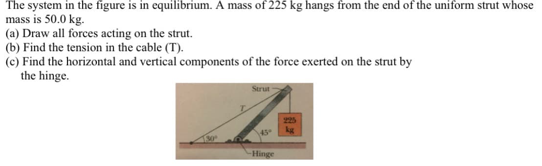 The system in the figure is in equilibrium. A mass of 225 kg hangs from the end of the uniform strut whose
mass is 50.0 kg.
(a) Draw all forces acting on the strut.
(b) Find the tension in the cable (T).
(c) Find the horizontal and vertical components of the force exerted on the strut by
the hinge.
Strut
225
kg
45°
30
Hinge
