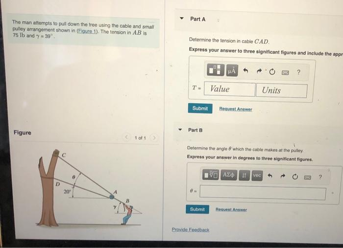 The man attempts to pull down the tree using the cable and small
pulley arrangement shown in (Figure 1). The tension in AB is
75 lb and y=39°.
Figure
D
20⁰
1 of 1
Part A
Determine the tension in cable CAD.
Express your answer to three significant figures and include the appr
HA
T-
Submit
Part B
Submit
Value
Provide Feedback
Request Answer
Determine the angle which the cable makes at the pulley
Express your answer in degrees to three significant figures.
16.ΑΣΦ.IIvec
Units
Request Answer
?