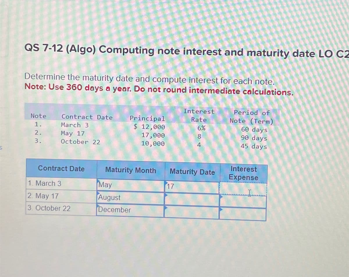 QS 7-12 (Algo) Computing note interest and maturity date LO C2
Determine the maturity date and compute interest for each note.
Note: Use 360 days a year. Do not round intermediate calculations.
Note
Contract Date
1.
March 3
Principal
$ 12,000
Interest
Rate
Period of
Note (Term)
6%
60 days
2.
May 17
3.
October 22
17,000
10,000
84
90 days
45 days
Contract Date
Maturity Month
Interest
Maturity Date
Expense
1. March 3
May
17
2. May 17
August
3. October 22
December