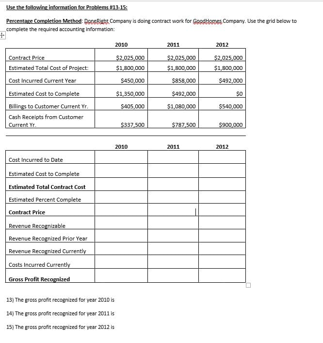 +
Use the following information for Problems #13-15:
Percentage Completion Method: Done Right Company is doing contract work for Good Homes Company. Use the grid below to
complete the required accounting information:
2010
2011
2012
Contract Price
$2,025,000
$2,025,000
$2,025,000
Estimated Total Cost of Project:
$1,800,000
$1,800,000
$1,800,000
Cost Incurred Current Year
$450,000
$858,000
$492,000
Estimated Cost to Complete
$1,350,000
$492,000
Billings to Customer Current Yr.
$405,000
$1,080,000
$540,000
Cash Receipts from Customer
Current Yr.
$337,500
$787,500
$900,000
Cost Incurred to Date
Estimated Cost to Complete
Estimated Total Contract Cost
Estimated Percent Complete
Contract Price
Revenue Recognizable
Revenue Recognized Prior Year
Revenue Recognized Currently
Costs Incurred Currently
Gross Profit Recognized
13) The gross profit recognized for year 2010 is
14) The gross profit recognized for year 2011 is
15) The gross profit recognized for year 2012 is
2010
2011
2012