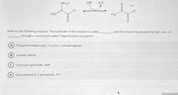 Refer to the following reaction. The substrate of this reaction is called
through a mechanism called "Feed Forward Activation".
(A) Phosphoenolpyruvate, Fructose 1,6-bisphosphate
Lactate, NADH
OPO₂²-
ADP ATP
J = 4
O
H₂C
H₂C
2-phosphoglycerate, AMP
Glyceraldehyde 3-phosphate, ATP
and the enzyme is activated by high conc. of