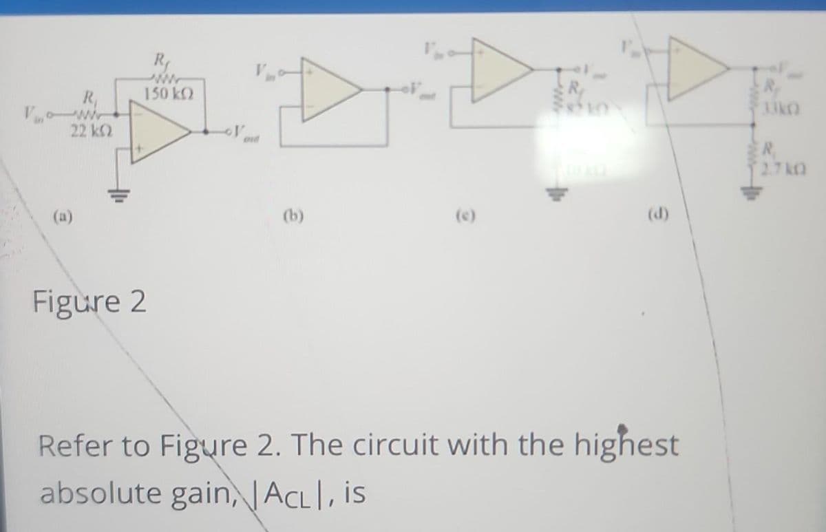 ADDE
E
R₁
22 ΚΩ
R₁
150 kQ
Figure 2
(b)
@
R₂
Refer to Figure 2. The circuit with the highest
absolute gain, ACL, is
Ry
Fuko
R
2.7KQ