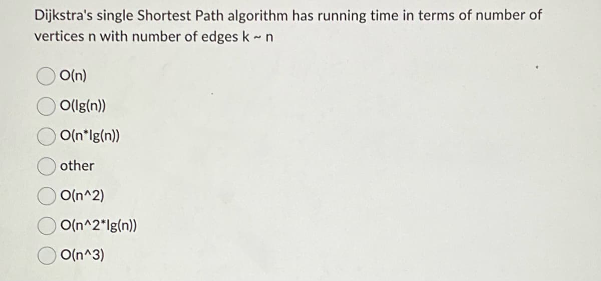 Dijkstra's single Shortest Path algorithm has running time in terms of number of
vertices n with number of edges k ~ n
2
O(n)
OO(Ig(n))
O(n*Ig(n))
other
O(n^2)
O(n^2*lg(n))
O(n^3)