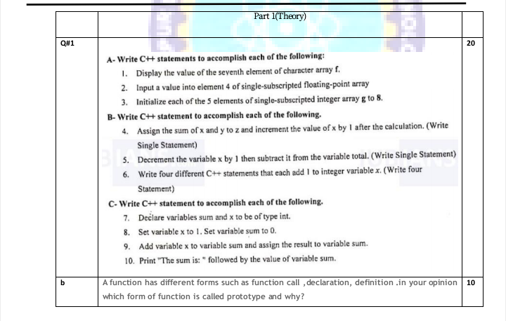 Part 1(Theory)
Q#1
20
A- Write C+ statements to accomplish each of the following:
1. Display the value of the seventh element of character array f.
2. Input a value into element 4 of single-subscripted floating-point array
3. Initialize each of the 5 elements of single-subscripted integer array g to 8.
B- Write C++ statement to accomplish each of the following.
4. Assign the sum of x and y to z and increment the value of x by I after the calculation. (Write
Single Statement)
5. Decrement the variable x by 1 then subtract it from the variable total. (Write Single Statement)
6. Write four different C++ statements that each add I to integer variable x. (Write four
Statement)
C- Write C++ statement to accomplish each of the following.
7. Dečlare variables sum and x to be of type int.
8. Set variable x to 1. Set variable sum to 0.
9. Add variable x to variable sum and assign the result to variable sum.
10. Print "The sum is: " followed by the value of variable sum.
A function has different forms such as function call ,declaration, definition .in your opinion 10
b
which form of function is called prototype and why?
