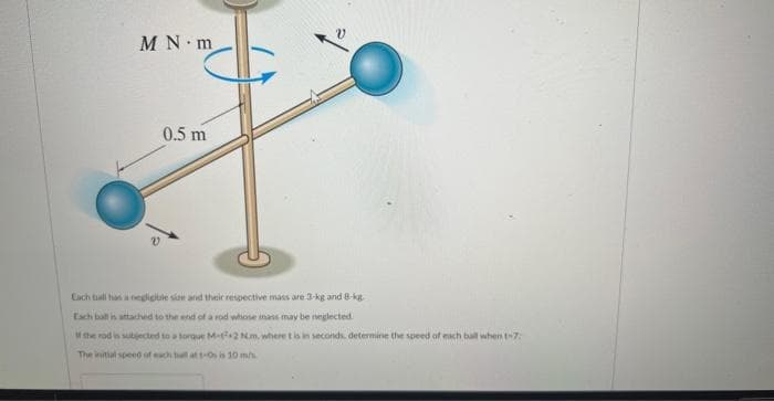 M N m
0.5 m
Each ball has a negligible size and their respective mass are 3-kg and 8-kg.
Each ball is attached to the end of a rod whose mass may be neglected.
If the rod is subjected to a torque M-42 Nm, where t is in seconds, determine the speed of each ball when t-7.
The initial speed of each ball at t-Osis 10 m/s