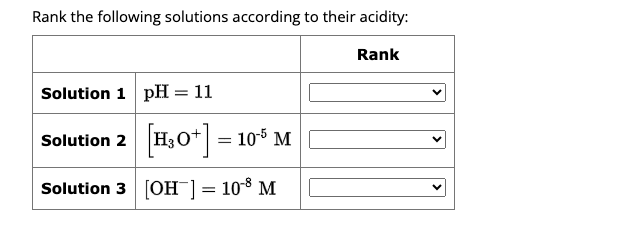 Rank the following solutions according to their acidity:
Rank
Solution 1 pH = 11
[H3O+] = 105 M
Solution 3 [OH-] = 10-8 M
Solution 2