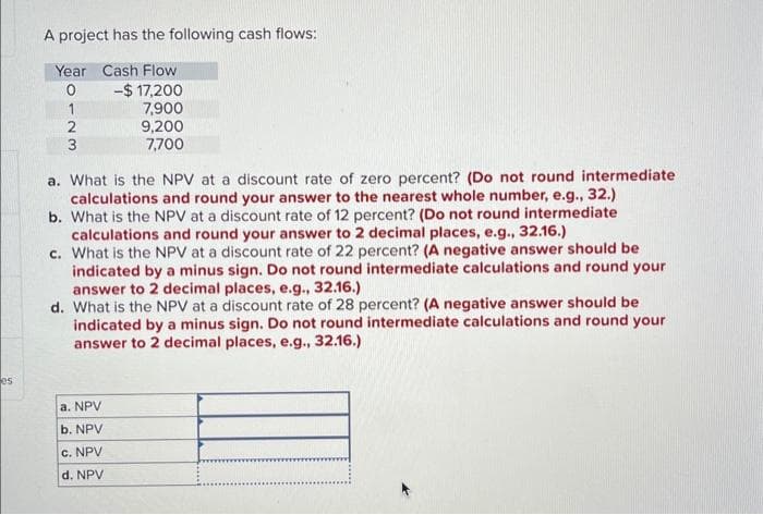 es
A project has the following cash flows:
Year Cash Flow
0
-$ 17,200
1
7,900
2
9,200
3
7,700
a. What is the NPV at a discount rate of zero percent? (Do not round intermediate
calculations and round your answer to the nearest whole number, e.g., 32.)
b. What is the NPV at a discount rate of 12 percent? (Do not round intermediate
calculations and round your answer to 2 decimal places, e.g., 32.16.)
c. What is the NPV at a discount rate of 22 percent? (A negative answer should be
indicated by a minus sign. Do not round intermediate calculations and round your
answer to 2 decimal places, e.g., 32.16.)
d. What is the NPV at a discount rate of 28 percent? (A negative answer should be
indicated by a minus sign. Do not round intermediate calculations and round your
answer to 2 decimal places, e.g., 32.16.)
a. NPV
b. NPV
c. NPV
d. NPV