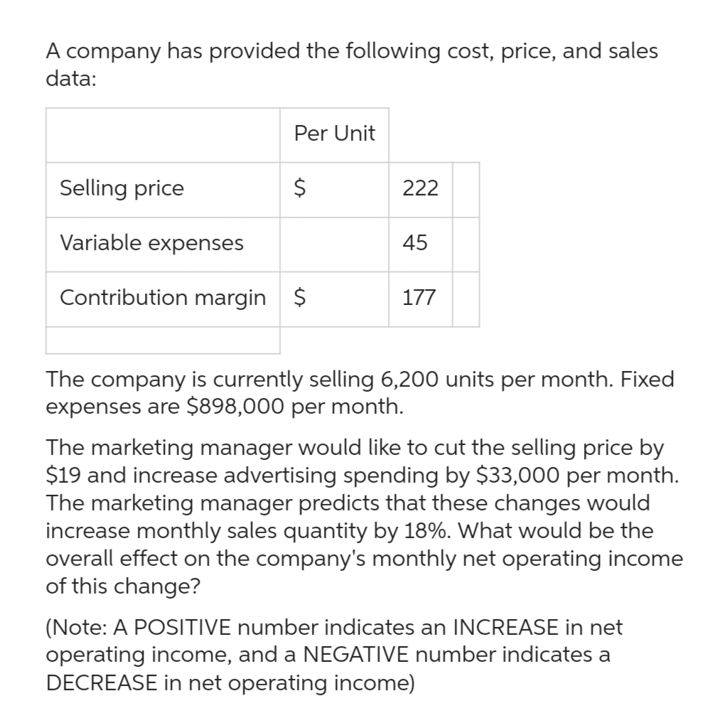 A company has provided the following cost, price, and sales
data:
Selling price
Variable expenses
Per Unit
$
Contribution margin $
222
45
177
The company is currently selling 6,200 units per month. Fixed
expenses are $898,000 per month.
The marketing manager would like to cut the selling price by
$19 and increase advertising spending by $33,000 per month.
The marketing manager predicts that these changes would
increase monthly sales quantity by 18%. What would be the
overall effect on the company's monthly net operating income
of this change?
(Note: A POSITIVE number indicates an INCREASE in net
operating income, and a NEGATIVE number indicates a
DECREASE in net operating income)