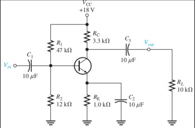 Voc
+18 V
Rc
3.3 kN
C3
R
47 k
V
10 μF
in
10 µF
RL
10 ΚΩ
R2
12 k
RE
1.0 kN
10 μF
