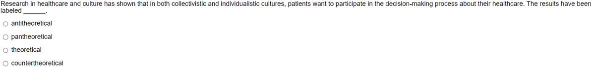 Research in healthcare and culture has shown that in both collectivistic and individualistic cultures, patients want to participate in the decision-making process about their healthcare. The results have been
labeled
antitheoretical
O pantheoretical
O theoretical
countertheoretical