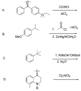 A.
B.
C.
D.
CO/HCI
AICI₂
1.
la
/AICI3
CI
MeO
2. Zn/Hg/HCl/H2O
:0:
1. KMnO4/OH/boil
2. H₂O+
Cl₂/AlCl3