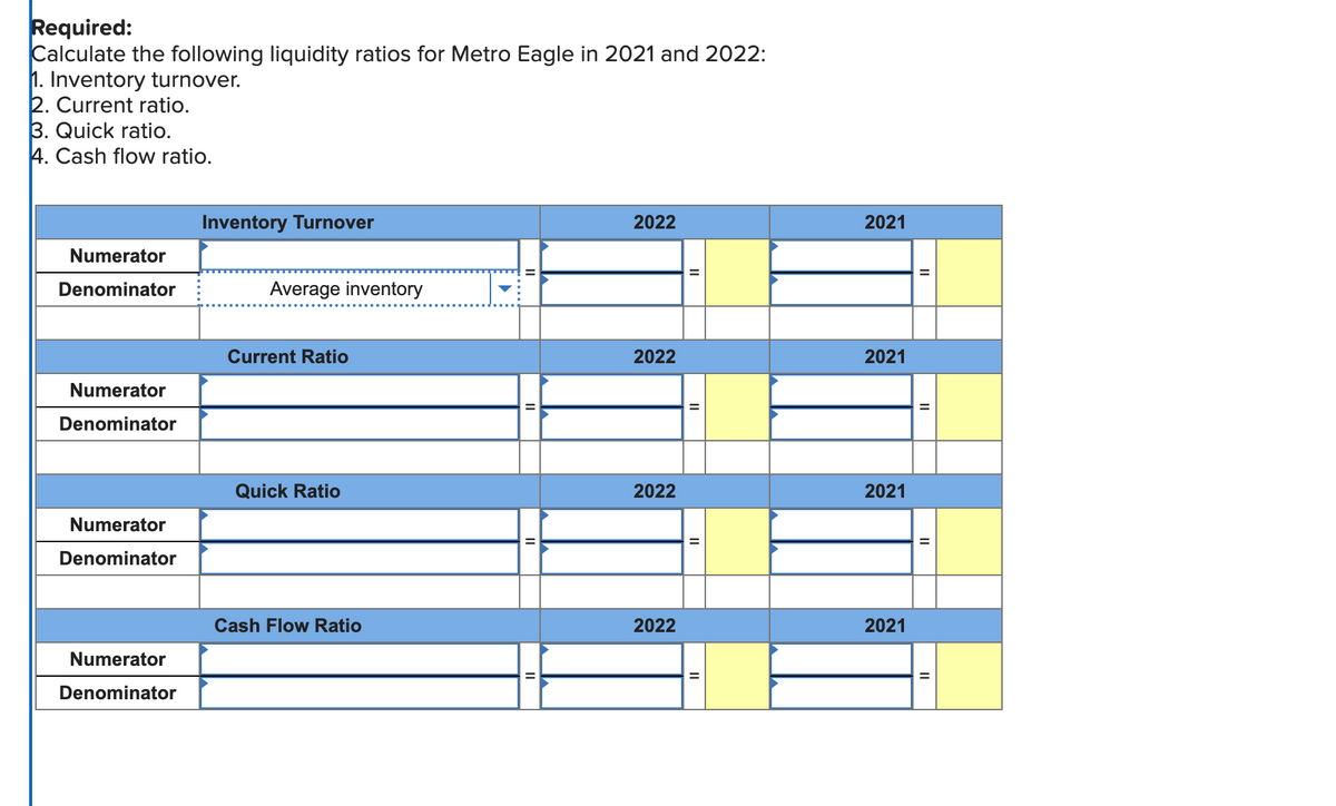 Required:
Calculate the following liquidity ratios for Metro Eagle in 2021 and 2022:
1. Inventory turnover.
2. Current ratio.
3. Quick ratio.
4. Cash flow ratio.
Numerator
Denominator
Numerator
Denominator
Numerator
Denominator
Numerator
Denominator
Inventory Turnover
Average inventory
Current Ratio
Quick Ratio
Cash Flow Ratio
11
2022
2022
2022
2022
2021
2021
2021
2021
11
II
II
||
