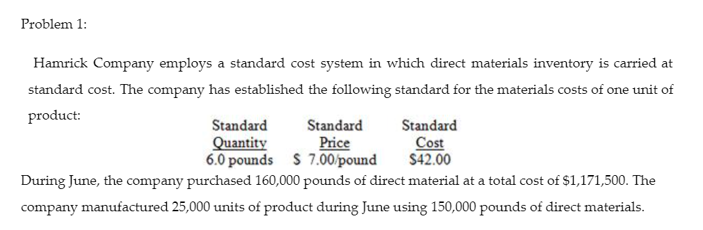 Problem 1:
Hamrick Company employs a standard cost system in which direct materials inventory is carried at
standard cost. The company has established the following standard for the materials costs of one unit of
product:
Standard
Price
S 7.00/pound
Standard
Standard
Quantity
6.0 pounds
Cost
$42.00
During June, the company purchased 160,000 pounds of direct material at a total cost of $1,171,500. The
company
manufactured 25,000 units of product during June using 150,000 pounds of direct materials.
