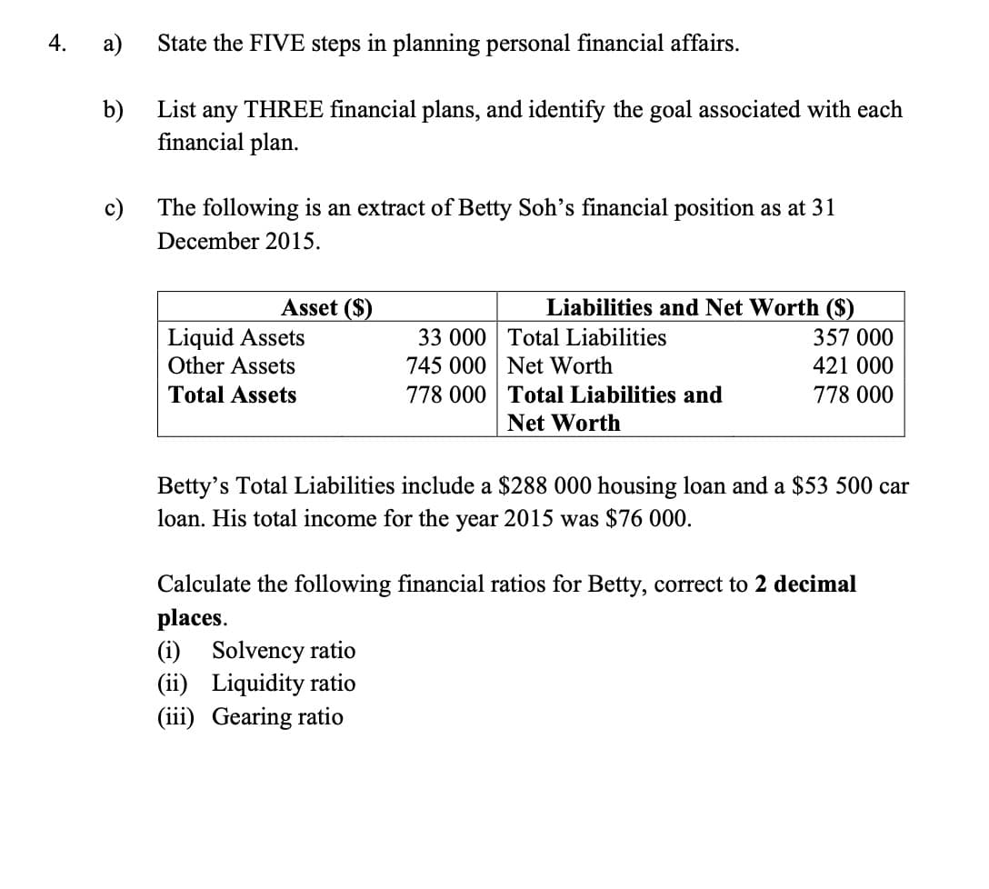 4.
a)
b)
State the FIVE steps in planning personal financial affairs.
List any THREE financial plans, and identify the goal associated with each
financial plan.
c)
The following is an extract of Betty Soh's financial position as at 31
December 2015.
Asset ($)
Liquid Assets
Other Assets
Total Assets
33 000
745 000
778 000
Liabilities and Net Worth ($)
(i) Solvency ratio
(ii) Liquidity ratio
(iii) Gearing ratio
Total Liabilities
Net Worth
Total Liabilities and
Net Worth
357 000
421 000
778 000
Betty's Total Liabilities include a $288 000 housing loan and a $53 500 car
loan. His total income for the year 2015 was $76 000.
Calculate the following financial ratios for Betty, correct to 2 decimal
places.