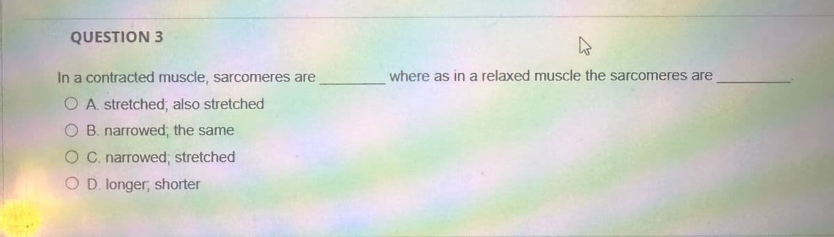 QUESTION 3
In a contracted muscle, sarcomeres are
O A. stretched; also stretched
O B. narrowed; the same
C. narrowed; stretched
O D. longer; shorter
where as in a relaxed muscle the sarcomeres are