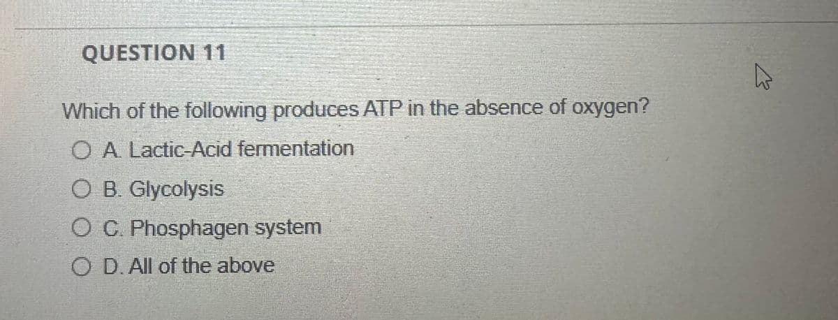 QUESTION 11
Which of the following produces ATP in the absence of oxygen?
OA. Lactic Acid fermentation
O B. Glycolysis
O C. Phosphagen system
OD. All of the above