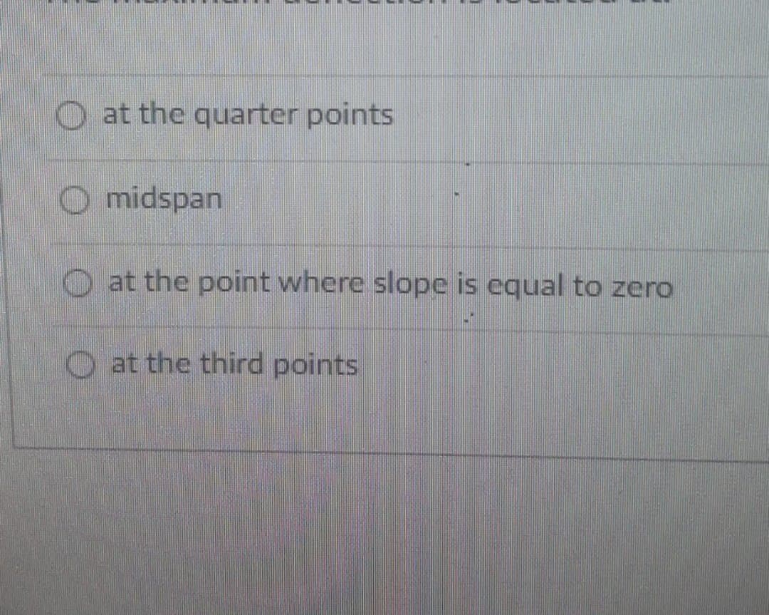 O at the quarter points
midspan
O at the point where slope is equal to zero
O at the third points
