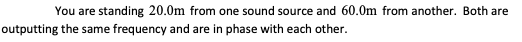 You are standing 20.0m from one sound source and 60.0m from another. Both are
outputting the same frequency and are in phase with each other.
